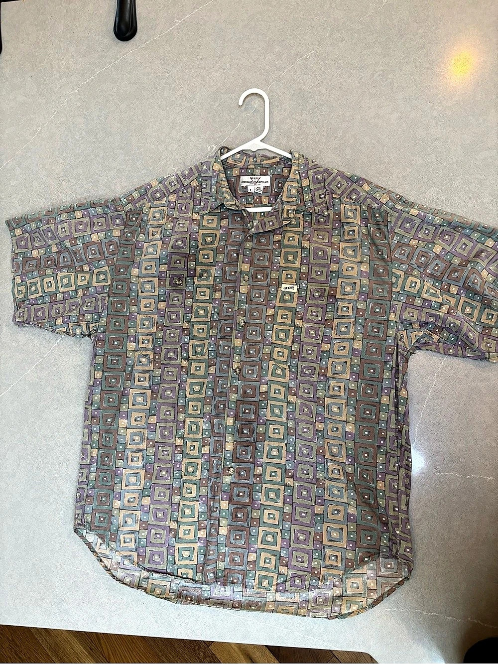 Vintage Guess Georges Marciano Geometric Button Down in Brown & Green Large
